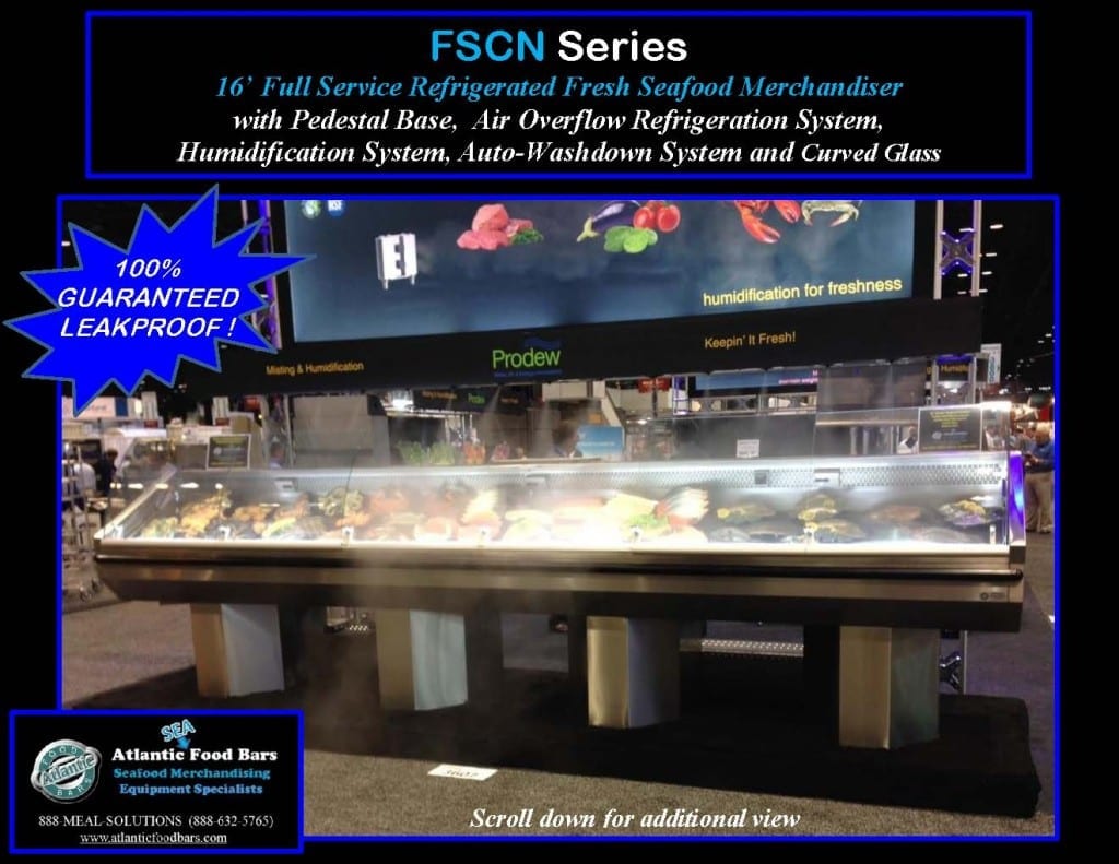 Atlantic Food Bars - 16' Fresh Seafood Merchandiser with Pedestal Base, Humidification System, Auto-Washdown System and Curved Glass - FSCN19234-AWD-CS-CSCB-CWP-CUSTOM-DPS4-HS-P-PB