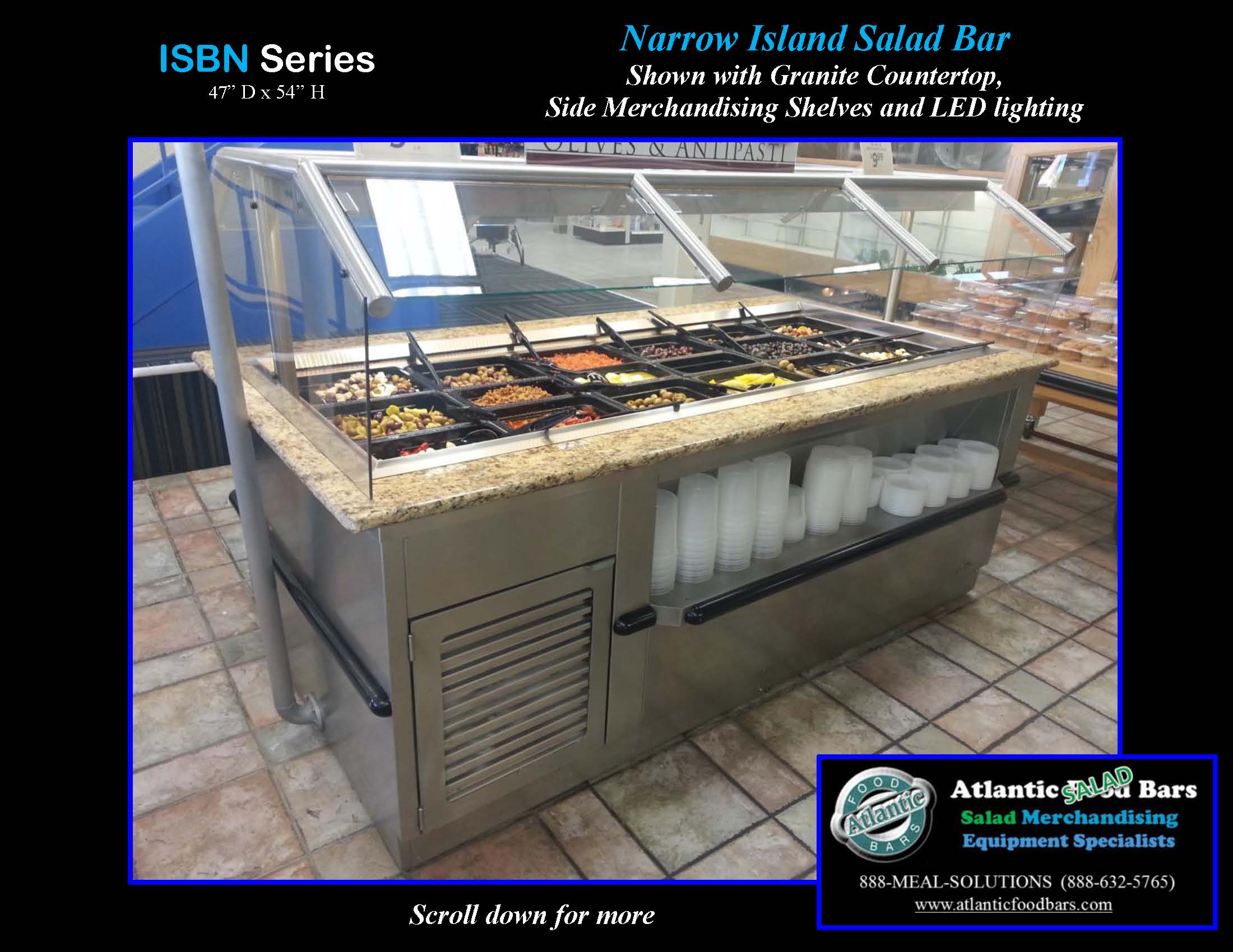 Atlantic Food Bars - Narrow Island Olive Bar with Granite Countertop and LED Lighting - ISBN8744-GC-SC