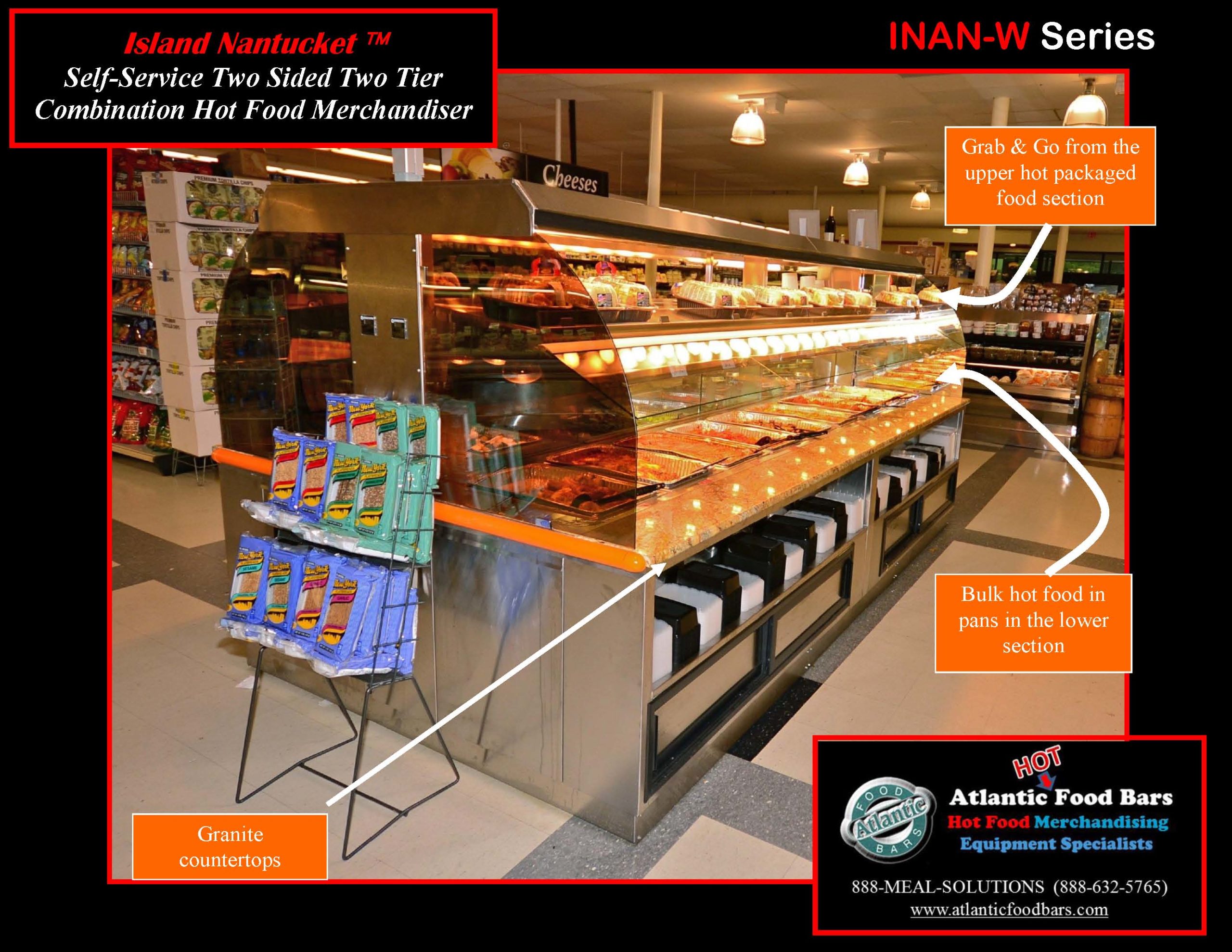 Atlantic Food Bars - Wide Island Nantucket with Granite Countertop featuring Hot Food in Pans, Hot Soup, Refrigerated Salad Section and Hot Grab and Go Canopy - INAN12067W_Page_1