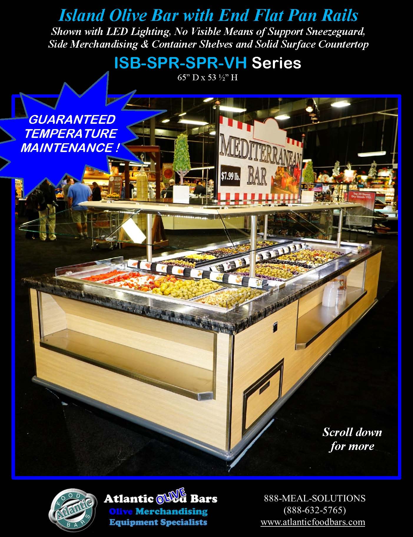 Atlantic Food Bars - Refrigerated Island Olive Bar with 2 End Pan Rails - All Flat Pan Rails - ISB14863-SPR-SPR-SSC-VH 1