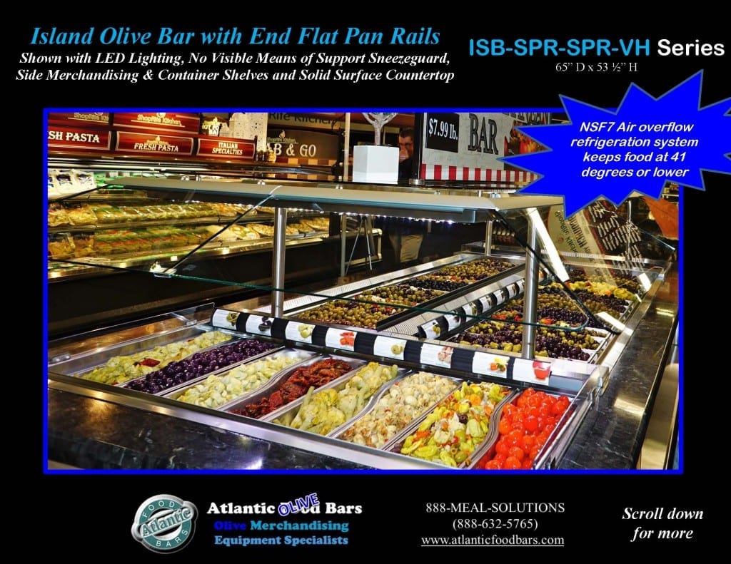Atlantic Food Bars - Refrigerated Island Olive Bar with 2 End Pan Rails - All Flat Pan Rails - ISB14863-SPR-SPR-SSC-VH 2