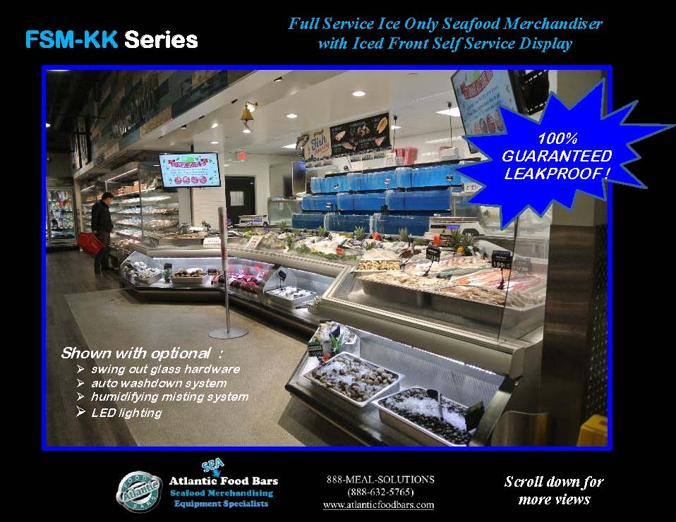 Atlantic Food Bars - Seafood Case Lineup with Front Knee Knocker and Angles - FSM-KK-P-HS-W 1