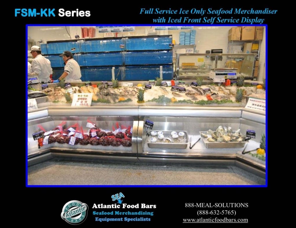Atlantic Food Bars - Seafood Case Lineup with Front Knee Knocker and Angles - FSM-KK-P-HS-W 4
