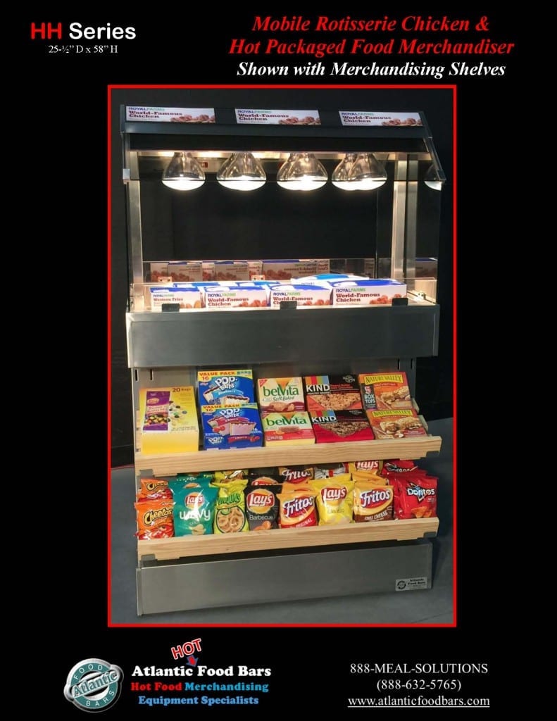 Atlantic Food Bars - Mobile Island Hot Packaged Food Merchandiser with Side Merchandising Shelves - HH3625-UO-SB1