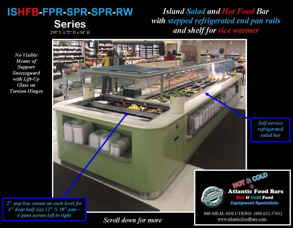 Atlantic Food Bars - 19' Island Salad and Hot Food Bar with Stepped Refrigerated End Pan Rails and Shelf for Rice Warmer - ISHFB-FPR-SPR-SPR-RW_Page_2