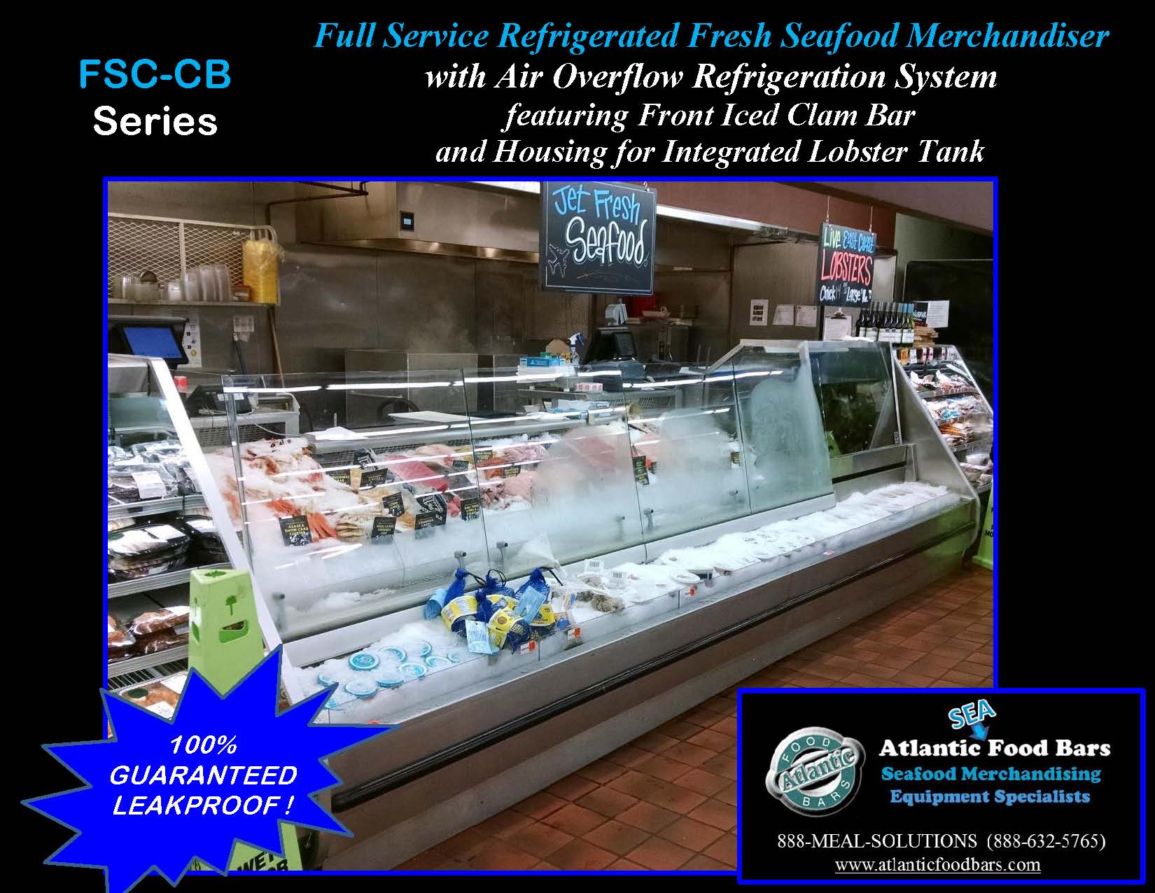 Atlantic Food Bars - Front Iced Clam Bar on a Full Service Refrigerated Seafood Case with Housing for Integrated Lobster Tank - FSC-CB