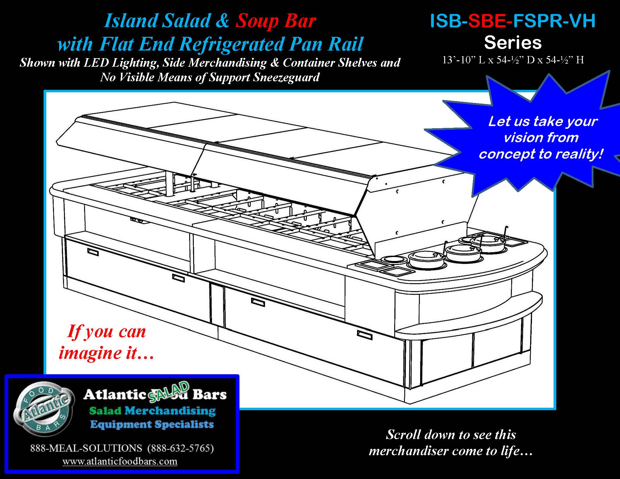 Atlantic Food Bars - Island Salad and Soup Bar with Flat End Refrigerated Pan Rail - ISB-SBE-FSPR-VH