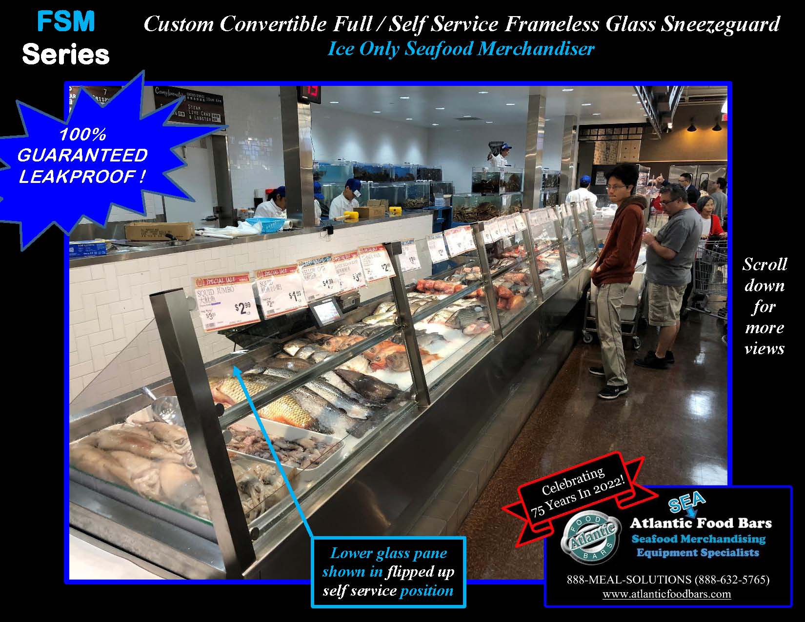 Atlantic Food Bars - Ice Only Seafood Merchandiser with Custom Convertible Full or Self-Service Frameless Glass Sneezeguard - FSM_Page_1