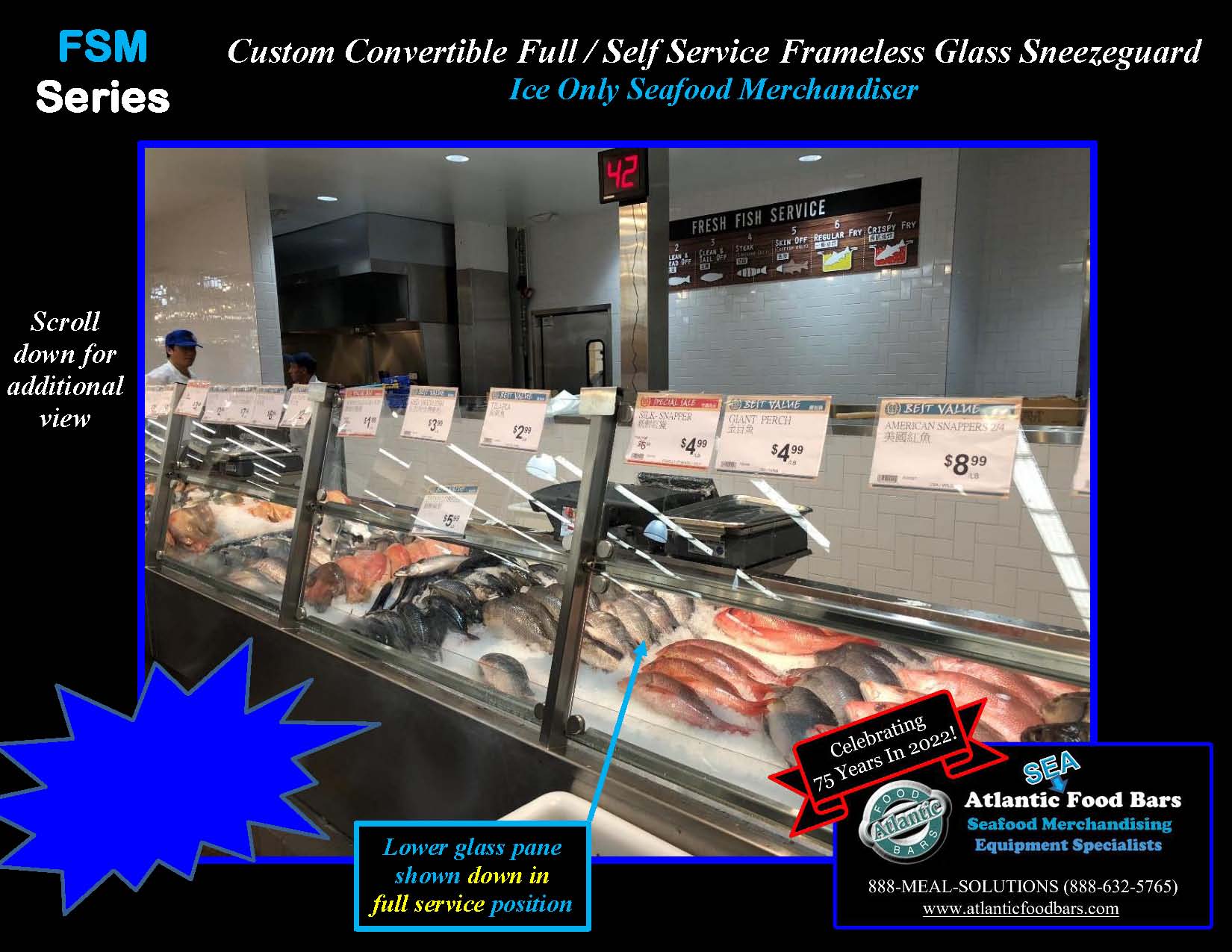 Atlantic Food Bars - Ice Only Seafood Merchandiser with Custom Convertible Full or Self-Service Frameless Glass Sneezeguard - FSM_Page_2