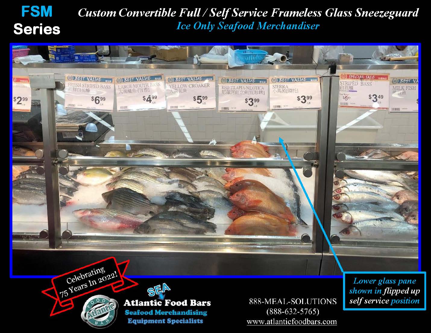 Atlantic Food Bars - Ice Only Seafood Merchandiser with Custom Convertible Full or Self-Service Frameless Glass Sneezeguard - FSM_Page_3