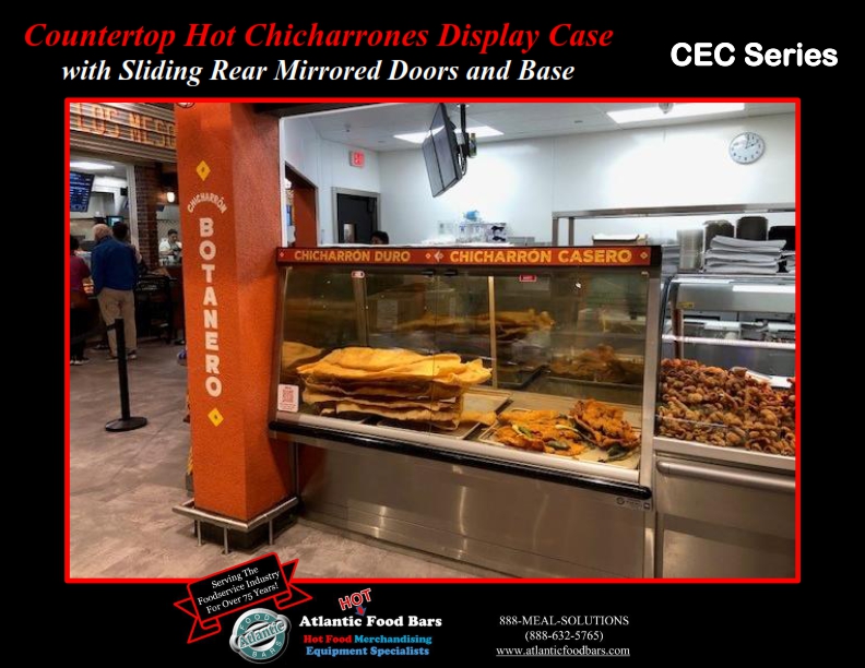 Atlantic Food Bars - Countertop Hot Chicharonnes Display Case with Sliding Rear Mirrored Doors and Base - CEC7230-P-SRM-UO 1