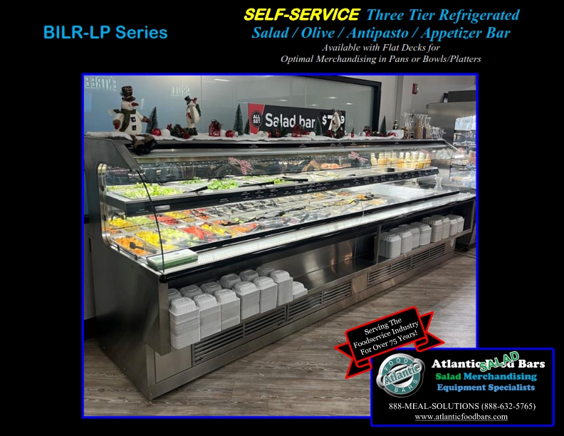 Atlantic Food Bars - 3-Tier and 2-Tier Low Profile In-Line Refrigerated Salad and Olive Bar - 10' BILR12034-FEK-UO and 14' BILR16834-LP_001