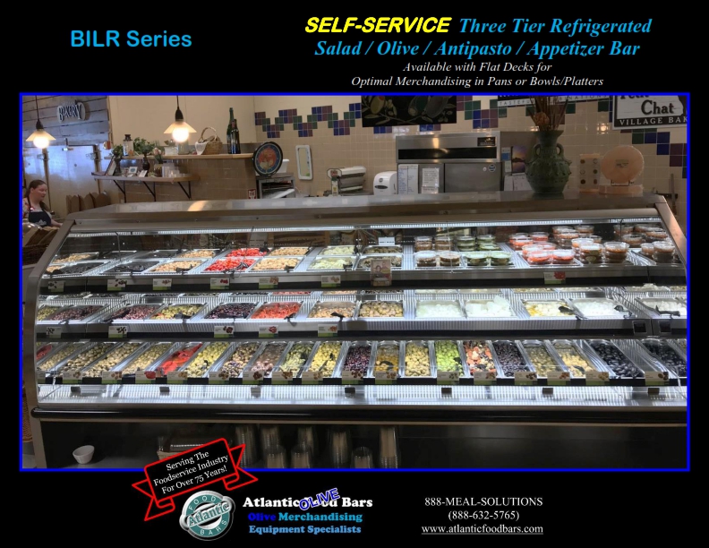 Atlantic Food Bars - 3-Tier and 2-Tier Low Profile In-Line Refrigerated Salad and Olive Bar - 10' BILR12034-FEK-UO and 14' BILR16834-LP_002