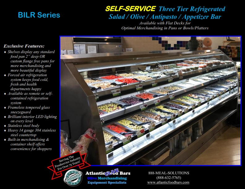 Atlantic Food Bars - 3-Tier and 2-Tier Low Profile In-Line Refrigerated Salad and Olive Bar - 10' BILR12034-FEK-UO and 14' BILR16834-LP_003