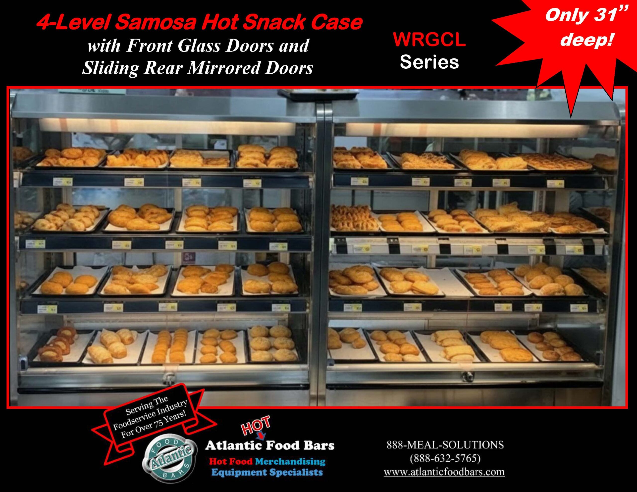 Atlantic Food Bars - 4-Level Samosa Hot Snack Case with Glass Doors - WRGCL4831-AS-CM58-F-FVH-HCF-LGFD-NTPH-SGDR-UO